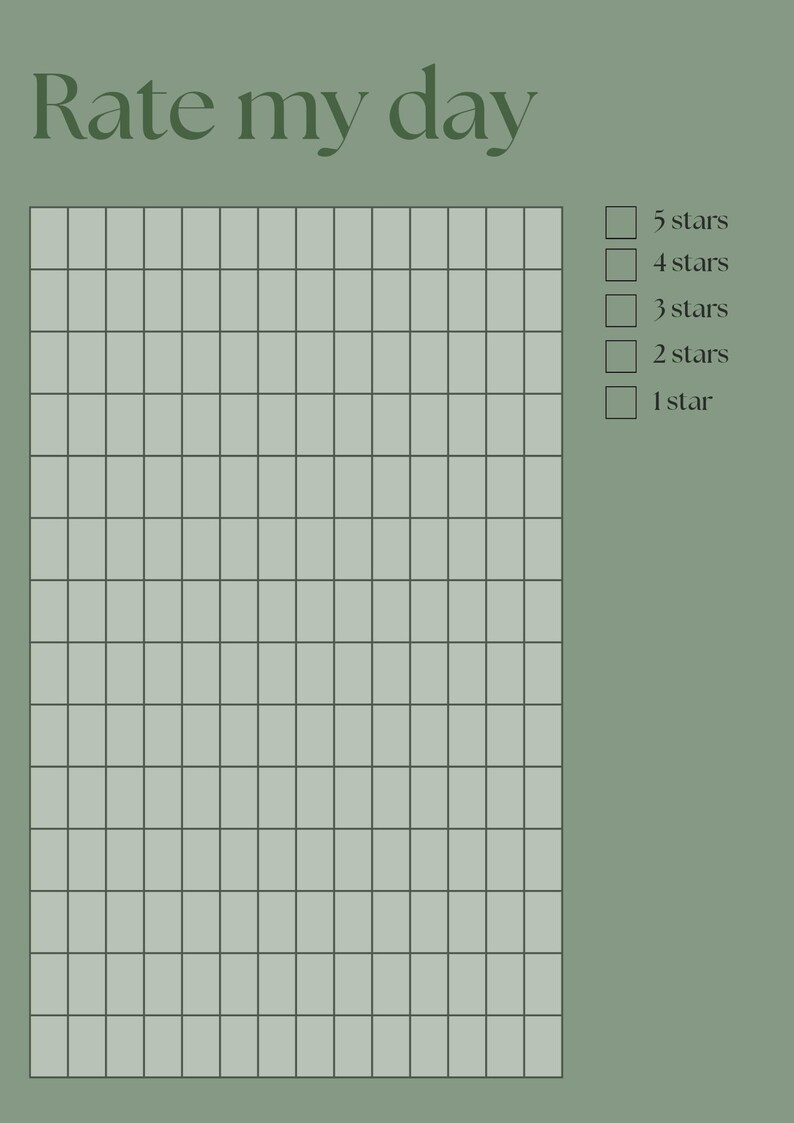 Puede incluir: Un gr&aacute;fico verde salvia para calificar el d&iacute;a con el texto "Rate my day" en la parte superior. El gr&aacute;fico incluye una cuadr&iacute;cula para el seguimiento y una escala de calificaci&oacute;n de 1 a 5 estrellas. Ideal para el diario diario y la autorreflexi&oacute;n.