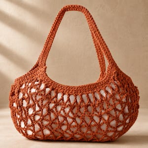 Pode incluir: Uma bolsa de crochê cor de ferrugem com um padrão de malha aberta e uma alça de ombro integrada única. A bolsa tem uma silhueta arredondada e flexível, preenchida com um material branco que destaca a intrincada textura de nós.