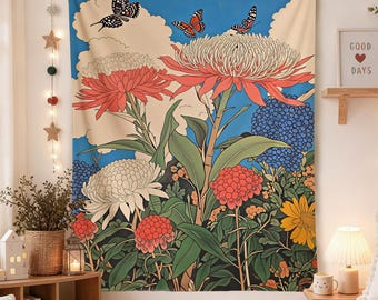 Pink Waratah Protea Flower Tapestry, Colorful Butterfly Wall Art,Tropical Floral Decor, Bold Botanical Print, Vibrant Nature Art for Bedroom