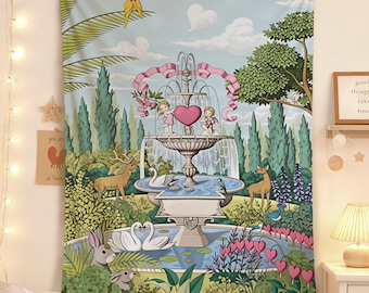 Aangepast tuintapijt fontein fontein, grillige dierenkunst aan de muur, romantisch bloemendecor, print hartzwaan, betoverde tuinkunst voor woonkamer