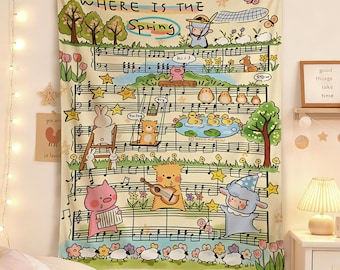Spring Music Note Tapestry,Cute Animal Wall Hanging,Whimsical Spring Forest Art, Nursery Room Tapestry, Pastel Yellow Music Sheet Decoration
