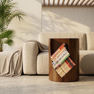 Pode incluir: Uma mesa lateral cil&iacute;ndrica de madeira com um recorte em forma de losango que cont&eacute;m uma pilha de livros. A mesa &eacute; de cor castanha quente e assenta num ch&atilde;o de bet&atilde;o. Um sof&aacute; bege e uma palmeira est&atilde;o no fundo.