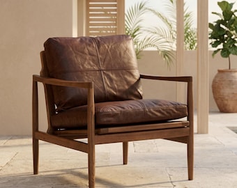 Sillón de cuero de mediados de siglo, sillón de madera maciza, asiento auxiliar para sala de estar.