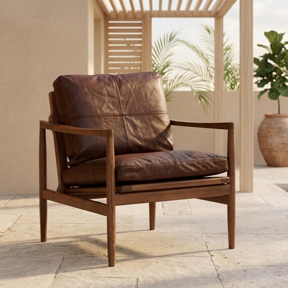 Mid Century Leather Lounge Chair Solid Wood Armchair Living Room Accent Seating
