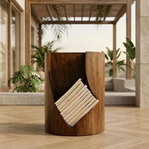 Pode incluir: Um porta-f&oacute;sforos cil&iacute;ndrico de madeira castanha escura. Uma ranhura diagonal revela uma pilha de f&oacute;sforos. O suporte est&aacute; sobre um ch&atilde;o de madeira, com um fundo exterior desfocado com plantas e uma p&eacute;rgola.