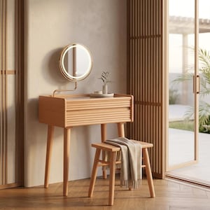 Solid Wood Vanity Table with Mirror Storage Makeup Desk Stool Set