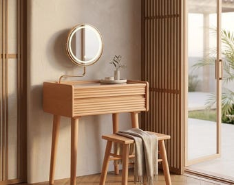 Solid Wood Vanity Table with Mirror Storage Makeup Desk Stool Set