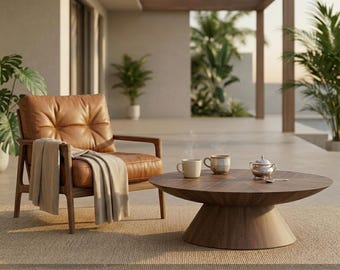 Mesa de centro ovalada de nogal, perfil bajo, diseño minimalista japonés.