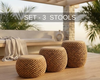 Woven Natural Fiber Rattan Stool Table Round Pouf Ottoman Low Seat Home Furniture