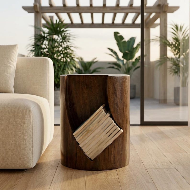 Pode incluir: Uma mesa lateral de madeira castanha escura com um design &uacute;nico. A mesa cil&iacute;ndrica apresenta uma abertura retangular diagonal que revela uma pilha de ripas de madeira de cor clara. A mesa est&aacute; ao lado de um sof&aacute; bege. Altura aproximada 45 cm.