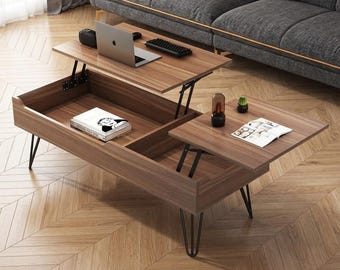 Wood Lift Top Coffee Table Storage Modern Living Room Desk Metal Legs