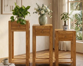 Solid Wood Plant Stand Elm Wood Flower Stand Indoor Plant Table Rustic Living Room Display Shelf Furniture