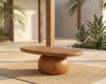 Oval Walnut Wood Coffee Table Japandi Style Low Profile Minimalist Living Room Modern Furniture