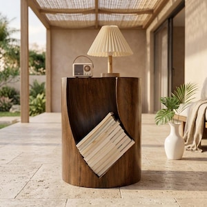 Puede incluir: Una mesa auxiliar de madera marrón oscuro con un diseño recortado único, que contiene una pila de libros. Una pequeña radio y una lámpara color crema con una pantalla plisada están encima. La mesa mide unos 61 cm de alto.