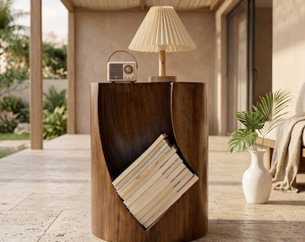 Wabi Sabi Wood Side Table with Book Storage Stand