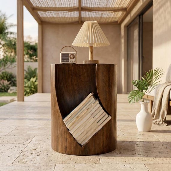 Wabi Sabi Wood Side Table with Book Storage Stand
