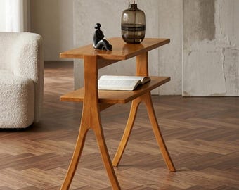 Solid Wood Side Table with Shelf, Retro Sofa Bedside Table