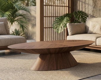 Oval Walnut Coffee Table Low Profile Japandi Minimalist Design
