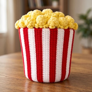 Peut inclure: Un seau à popcorn fait à la main, rayé rouge et blanc, rempli de pop-corn jaune. Ce seau en crochet est un objet décoratif amusant pour un cinéma maison ou une soirée cinéma.