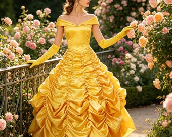 Costume da principessa Belle fatto a mano – Abito cosplay da La Bella e la Bestia per adulti, costume di Halloween/teatro, elegante abito da fiaba