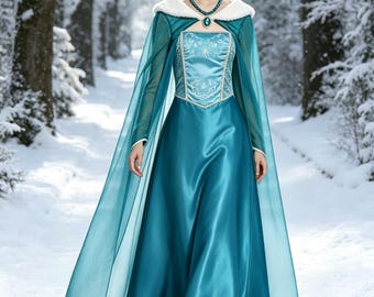 Abito di Elsa per Halloween da donna, abito da principessa per cosplay, costume per feste in maschera, fatto a mano, stile caldo e naturale/gonna + mantello