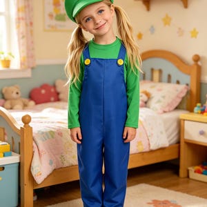 Pu&ograve; includere: Un bambino indossa un berretto verde con una "L" bianca, una maglietta verde a maniche lunghe e una tuta blu con bottoni gialli. Le scarpe marroni completano l'outfit, un costume da personaggio di un videogioco.