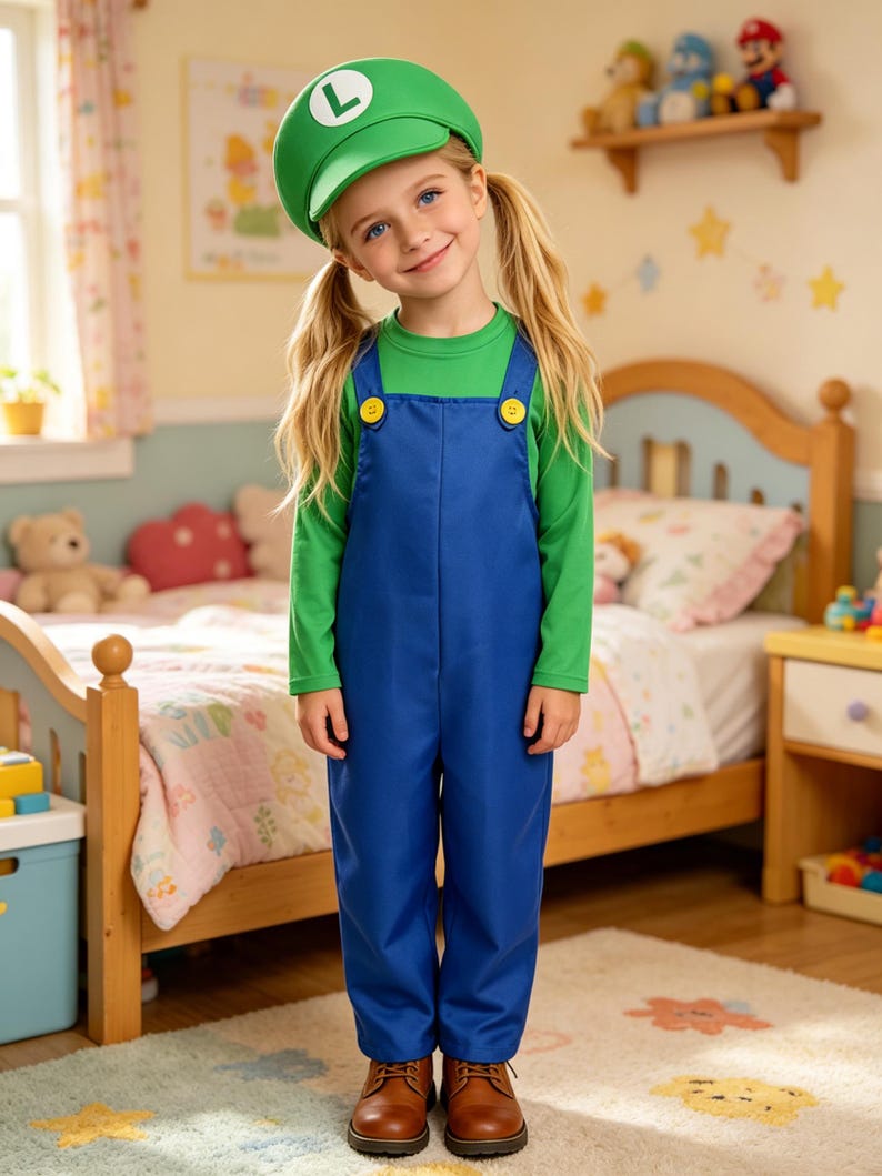 Pu&ograve; includere: Un bambino indossa un berretto verde con una "L" bianca, una maglietta verde a maniche lunghe e una tuta blu con bottoni gialli. Le scarpe marroni completano l'outfit, un costume da personaggio di un videogioco.