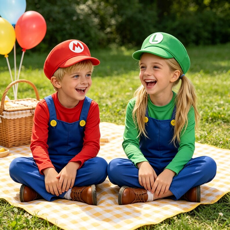 Pu&ograve; includere: Due bambini vestiti con costumi di Mario e Luigi, seduti su una coperta a scacchi gialla e bianca. Il bambino a sinistra indossa un berretto rosso con una "M" bianca e una maglietta rossa a maniche lunghe. Il bambino a destra indossa un berretto verde con una "L" bianca e una maglietta verde a maniche lunghe.