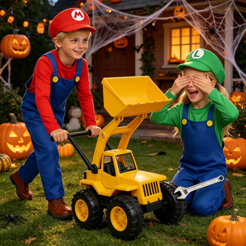 Pu&ograve; includere: Due bambini vestiti da Mario e Luigi giocano con un grande escavatore giocattolo giallo. Il ragazzo indossa un cappello rosso con una "M" bianca, la ragazza un cappello verde con una "L" bianca. Sullo sfondo si vedono zucche e decorazioni di Halloween.