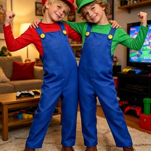 Pu&ograve; includere: Due bambini vestiti da Mario e Luigi, personaggi di un videogioco popolare. Uno indossa un cappello e una maglia rossi con una salopette blu, l'altro un cappello e una maglia verdi con una salopette blu. Entrambi hanno stivali marroni.