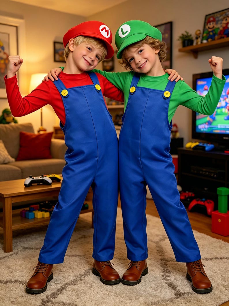 Pu&ograve; includere: Due bambini vestiti da Mario e Luigi, personaggi di un videogioco popolare. Uno indossa un cappello e una maglia rossi con una salopette blu, l'altro un cappello e una maglia verdi con una salopette blu. Entrambi hanno stivali marroni.