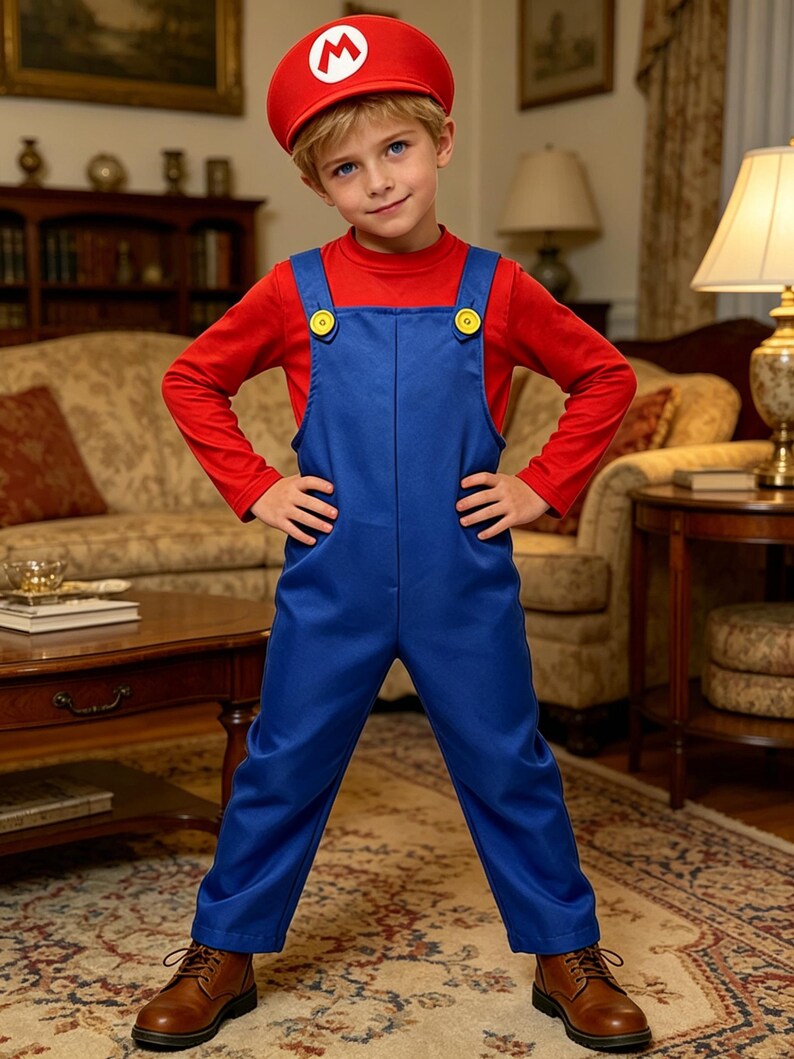 Pu&ograve; includere: Un bambino indossa un cappello rosso con una "M" bianca, una maglietta rossa a maniche lunghe e una tuta blu con bottoni gialli. Il bambino indossa anche stivali marroni. L'outfit assomiglia a un popolare personaggio dei videogiochi.