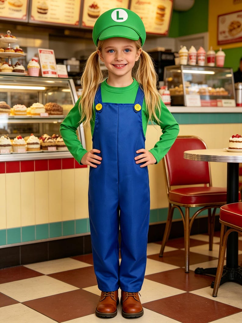 Pu&ograve; includere: Un bambino vestito con un costume da Luigi, con un berretto verde con una "L" bianca, una maglietta verde a maniche lunghe e una tuta blu con bottoni gialli. Il bambino indossa scarpe marroni. Lo sfondo mostra una panetteria.