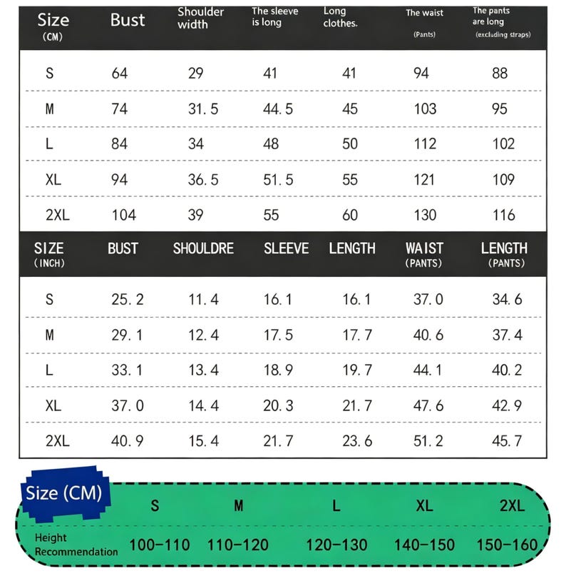 Pu&ograve; includere: Un grafico bianco con testo nero che dettaglia le misure dei vestiti in centimetri e pollici. Il grafico include misure di busto, larghezza spalle, lunghezza manica e vita per le taglie dalla S alla 2XL. Una barra verde in basso suggerisce raccomandazioni sull'altezza.