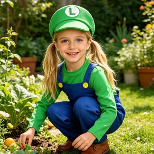 Pu&ograve; includere: Un bambino indossa un cappello verde con una "L" bianca, una maglietta verde a maniche lunghe e una tuta blu con bottoni gialli. Il bambino indossa scarpe marroni ed &egrave; accovacciato in un giardino.