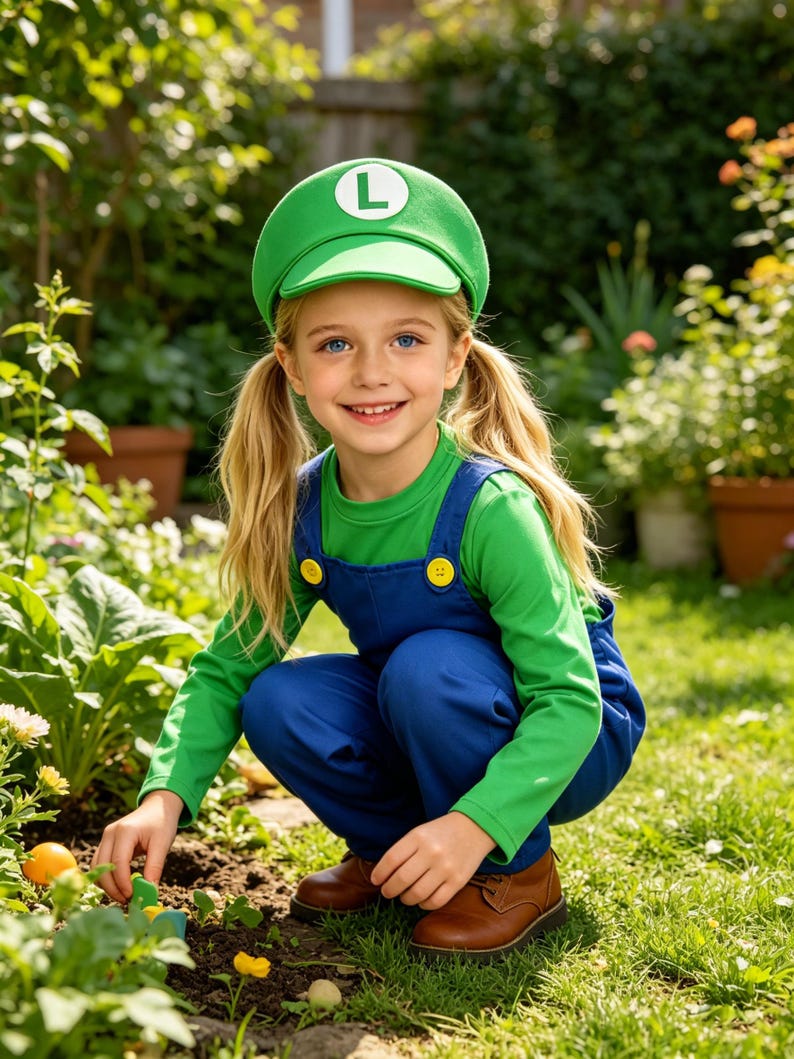 Pu&ograve; includere: Un bambino indossa un cappello verde con una "L" bianca, una maglietta verde a maniche lunghe e una tuta blu con bottoni gialli. Il bambino indossa scarpe marroni ed &egrave; accovacciato in un giardino.