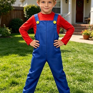 Pu&ograve; includere: Un bambino vestito da Mario, con un cappello rosso con una "M" bianca, una maglietta rossa a maniche lunghe e una salopette blu con bottoni gialli. Il costume include stivali marroni. Il bambino &egrave; sull'erba verde.