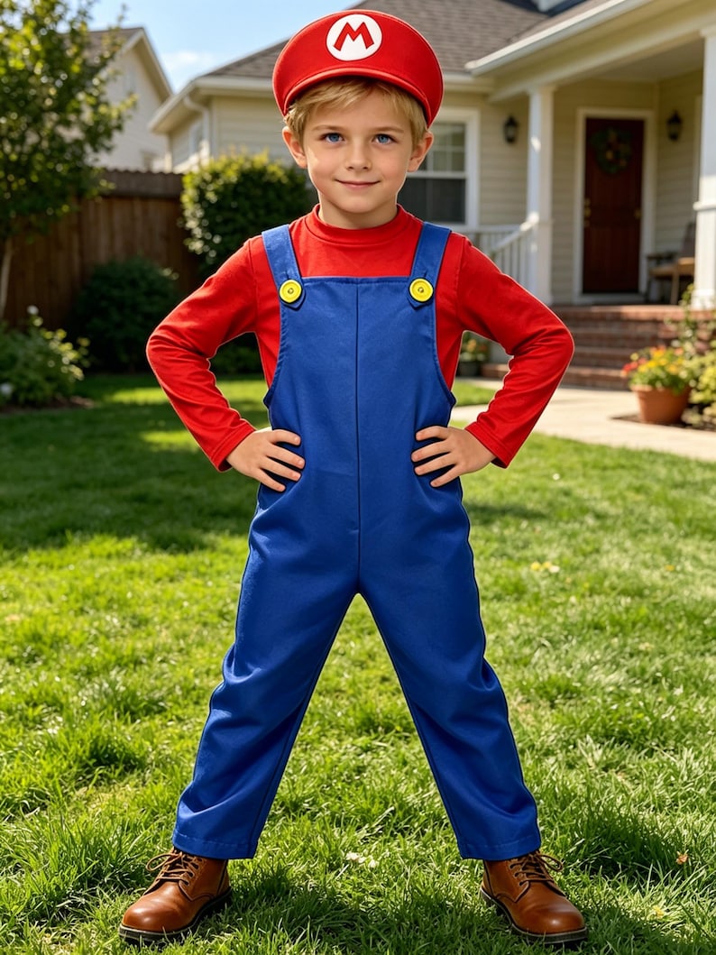 Pu&ograve; includere: Un bambino vestito da Mario, con un cappello rosso con una "M" bianca, una maglietta rossa a maniche lunghe e una salopette blu con bottoni gialli. Il costume include stivali marroni. Il bambino &egrave; sull'erba verde.
