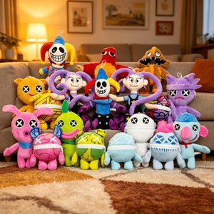 May include: A collection of colorful plush toys with various character designs. The toys feature a range of colors, including red, blue, yellow, and purple. Some have zipper-like mouths and stitched details, while others have unique facial expressions and accessories.