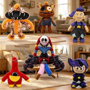 Puede incluir: Una colección de peluches coloridos, que incluyen un monstruo con pelaje naranja y una boca ancha, una criatura marrón con un parche en el ojo y una muñeca con un vestido morado. Otros juguetes incluyen una figura roja con forma de pájaro y una muñeca con un atuendo negro y morado.