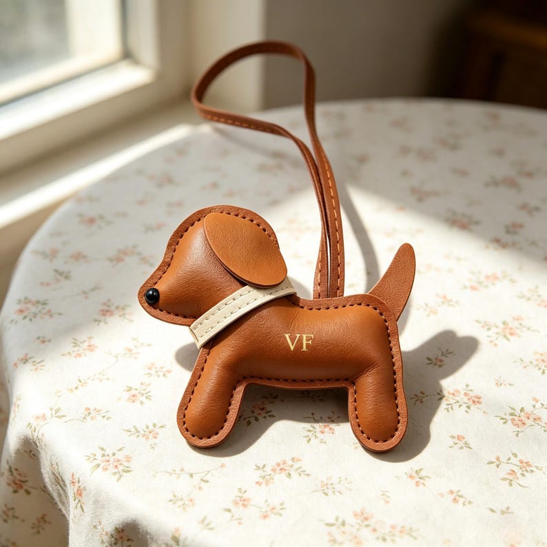 Puede incluir: Un colgante para bolso con forma de perro marr&oacute;n de acabado liso, con un collar color crema, un ojo de cuenta negra y una correa larga. El lateral del perro lleva grabadas las letras VF en dorado. El colgante tiene costuras visibles.