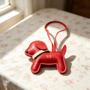 Puede incluir: Un llavero de cuero rojo con forma de perro que incluye un collar color crema y una correa larga. El costado del perro tiene grabadas las letras doradas VF. El llavero presenta un peque&ntilde;o ojo negro y un borde cosido en la silueta.