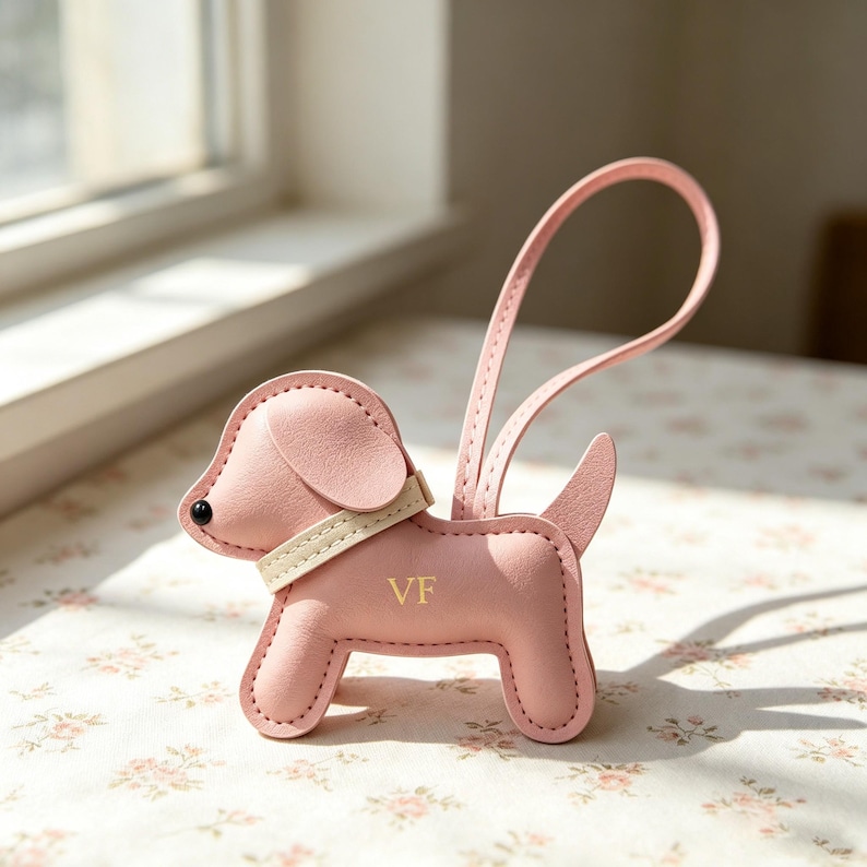 Puede incluir: Un llavero de cuero rosa claro con forma de perro, que presenta un collar color crema, un peque&ntilde;o ojo de cuenta negra y las letras VF grabadas en oro en el costado. El llavero incluye una correa de cuero rosa a juego para colgarlo.