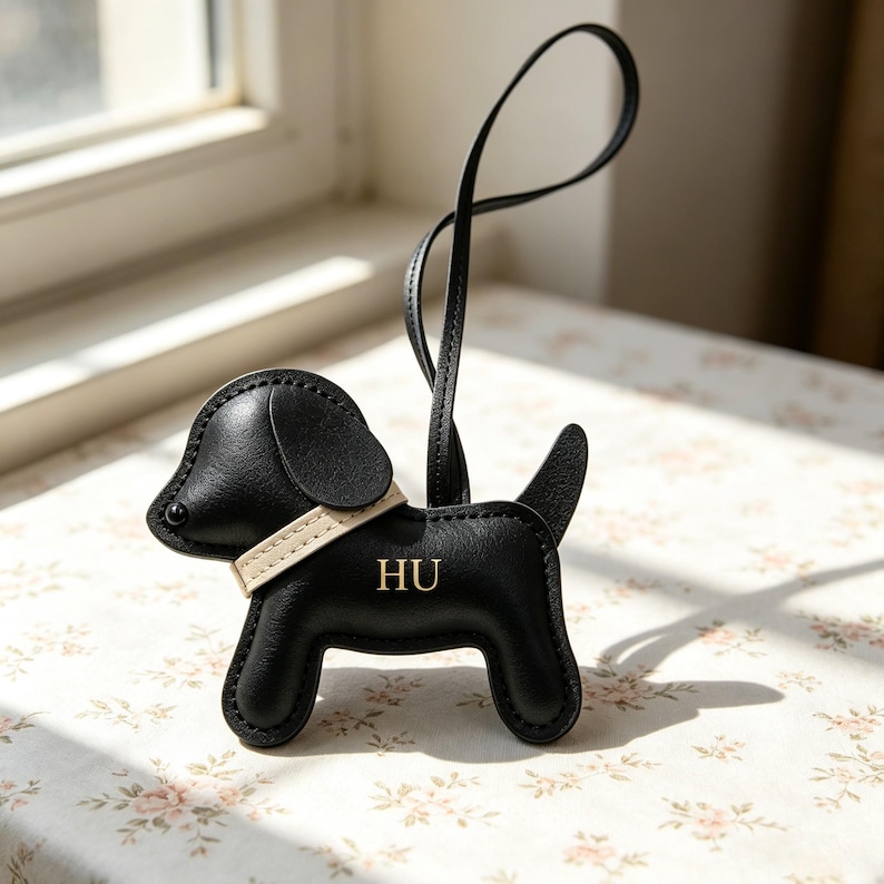 Puede incluir: Un colgante para bolso de cuero negro con forma de perro, que presenta un collar de color beige claro y las letras HU grabadas en dorado en el costado. Incluye una correa larga y fina de cuero negro para sujetarlo, con costuras visibles.