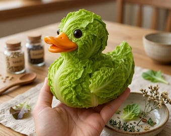 Figura de pato vegetal tallada a mano, arte caprichoso de pato de pimiento y repollo, decoración rústica de cocina de granja, regalo único para amantes de la gastronomía, decoración de otoño