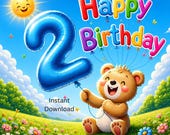 2nd Birthday Ecard Boy Digital Greeting Card Teddy Bear Blue Balloon Instant Download Send