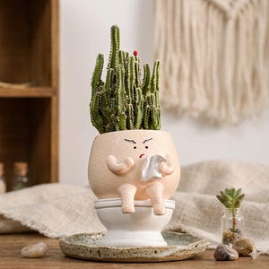 Funny Toilet Man Cactus Planter, Unique Succulent Pot with Face, Quirky Desk Decor, Gag Gift for Coworker, Cute Ceramic Indoor Flower Pot