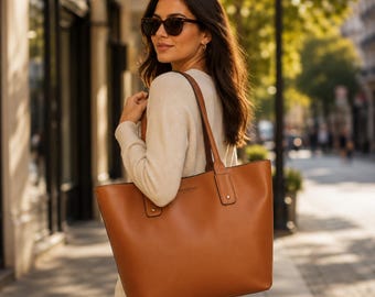 Bolsa tote minimalista em couro genuíno marrom camelo | Bolsa de ombro para uso diário
