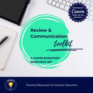 May include: A digital graphic with the text "Review & Communication toolkit" in a teal circle. The image includes a keyboard, tablet, notebook, and pen. The text "EDITABLE IN Canva" is also present.