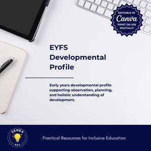 May include: A white background with a tablet, keyboard, notebook, and pen. The text reads "EYFS Developmental Profile" and "Early years developmental profile supporting observation, planning, and holistic understanding of development."